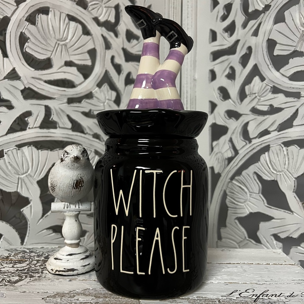 Rae Dunn Ceramic Halloween Canister with Witch Leg Topper Lid “Witch Please”